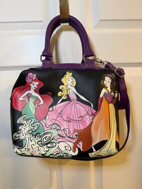 DISNEY PARKS Black Disney Princess Graphic Satchel with Purple Handles